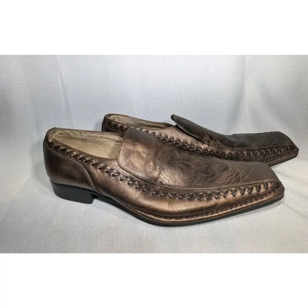 Stacy Adams Mens Western Leather Loafers 11.5 Brown Square Toe Bronze Metallic‎
